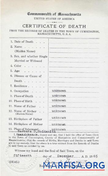 Realistic USA Commonwealth of Massachusetts certificate of death sample
